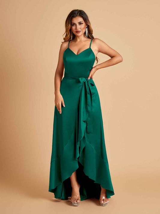 Satin Asymmetric V-neck Bridesmaid Dresses Sleeveless Side Slit A-line Unique
