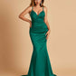 Satin Mermaid V-neck Prom Dresses Spaghetti Straps Floor Length