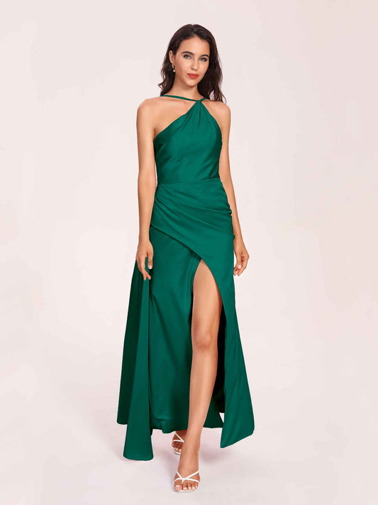 Sexy Satin Halter Strap Sheath Bridesmaid Dresses Side Slit Pleats Floor Length