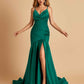 Sexy Satin Mermaid Open Back Prom Dresses Spaghetti Straps V-neck Side Slit