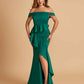 Satin Mermaid Off Shoulder Bridesmaid Dresses With Ruffles Side Slit Floor Length