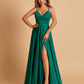 Satin A-line Long Prom Dresses Spaghetti Straps V-neck Side Slit Floor Length