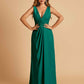 Sexy Satin Deep V-neck Long Bridesmaid Dresses A-line Pleats Sleeveless Floor Length