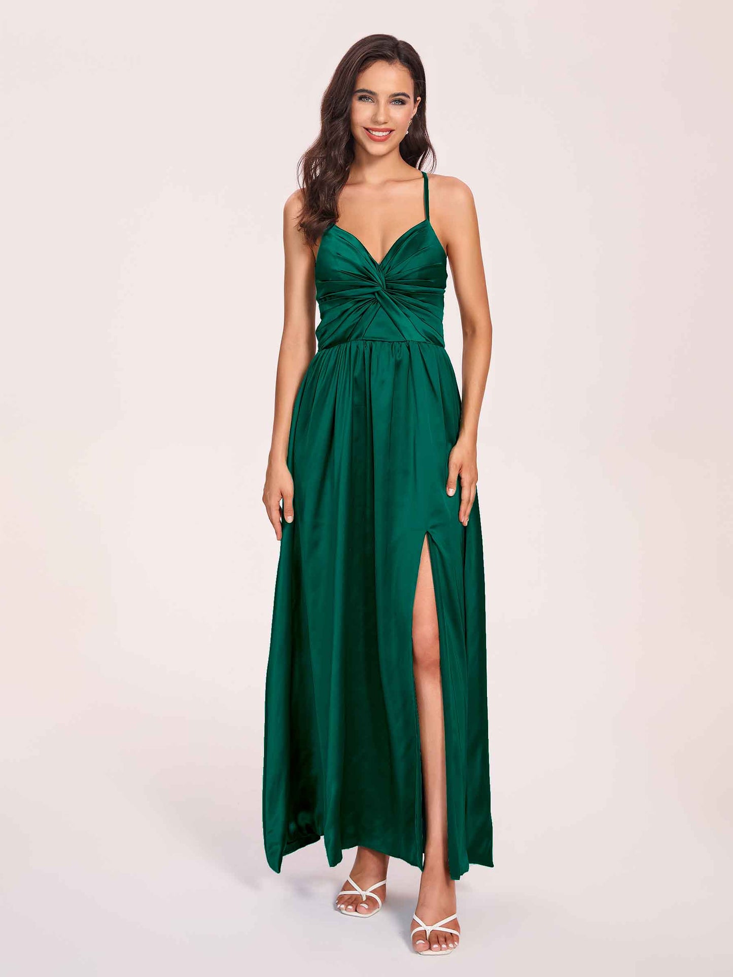 Satin Spaghetti Straps A-line Bridesmaid Dresses Side Slit Floor Length