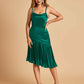Sexy Satin Midi Asymmetrical Bridesmaid Dresses Spaghetti Straps Mermaid With Ruffles