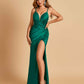 Sexy Satin Spaghetti Straps Prom Dresses V-neck Side Slit Pleats Floor Length Sheath