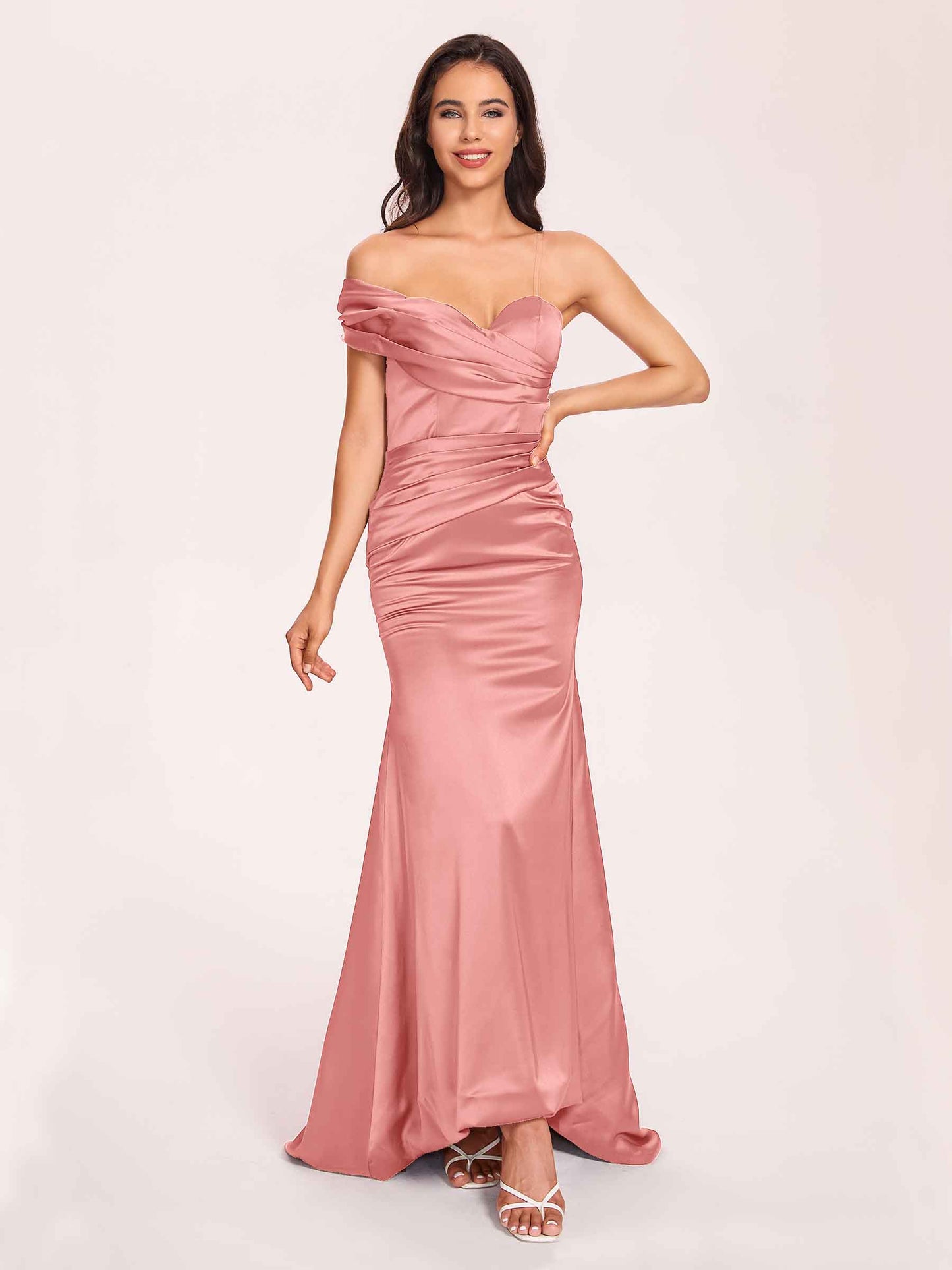 Satin One-shoulder Bridesmaid Dresses Pleats Floor Length Mermaid Long