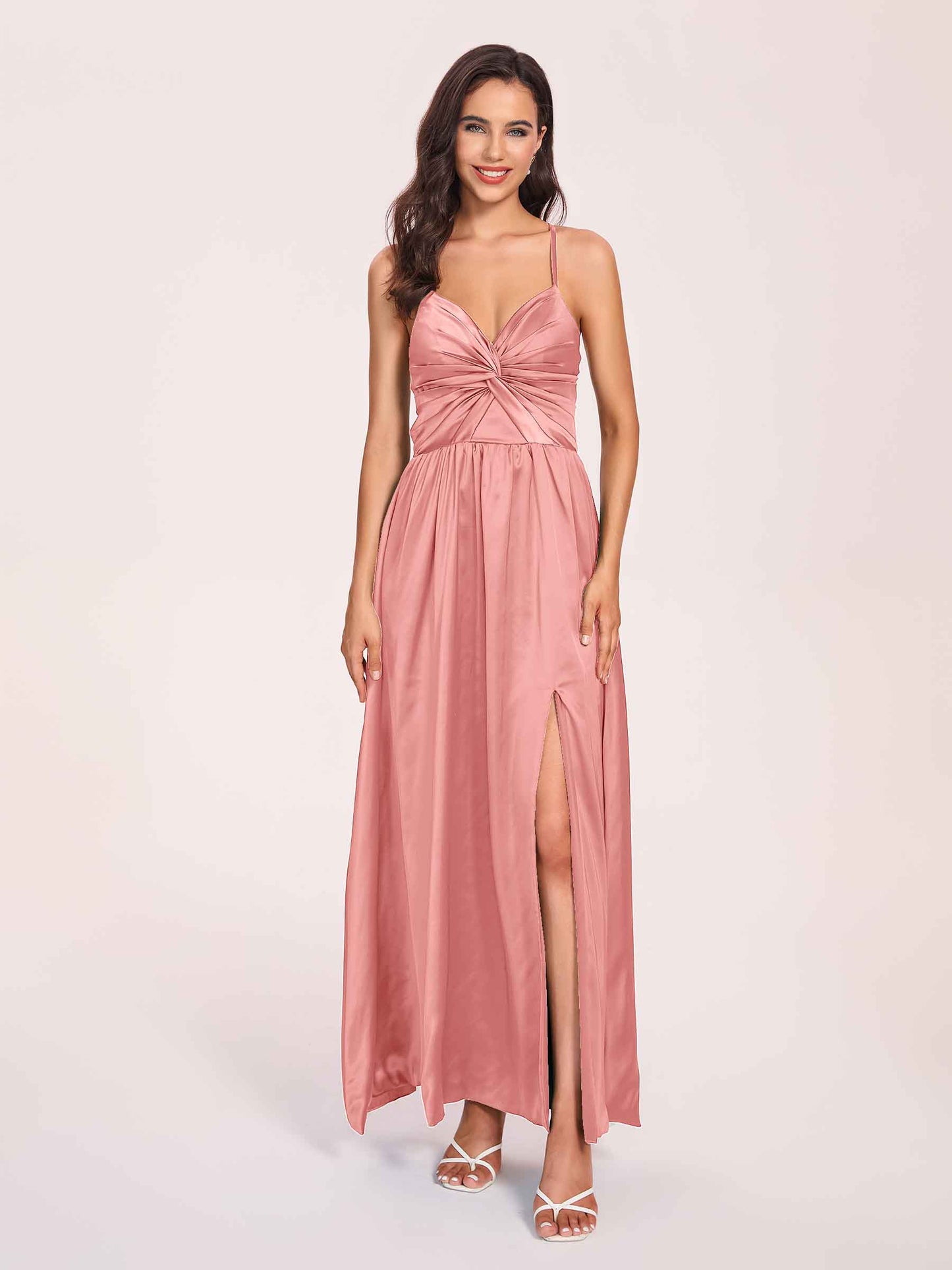 Satin Spaghetti Straps A-line Bridesmaid Dresses Side Slit Floor Length