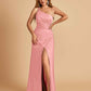 Satin One Shoulder Sheath Prom Dresses Spaghetti Straps Side Slit Floor Length
