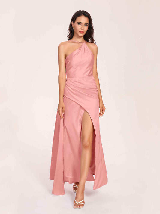 Sexy Satin Halter Strap Sheath Bridesmaid Dresses Side Slit Pleats Floor Length