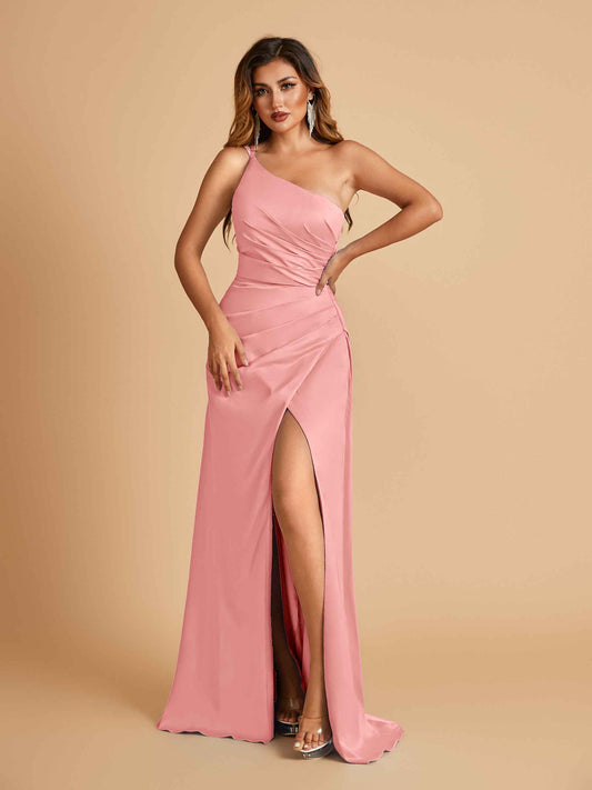 Satin One Shoulder Sheath Bridesmaid Dresses Spaghetti Straps Side Slit Floor Length