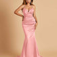 Satin Mermaid V-neck Prom Dresses Spaghetti Straps Floor Length