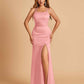 Satin Mermaid Long Prom Dresses Spaghetti Straps Scoop Side Slit Criss-cross Back
