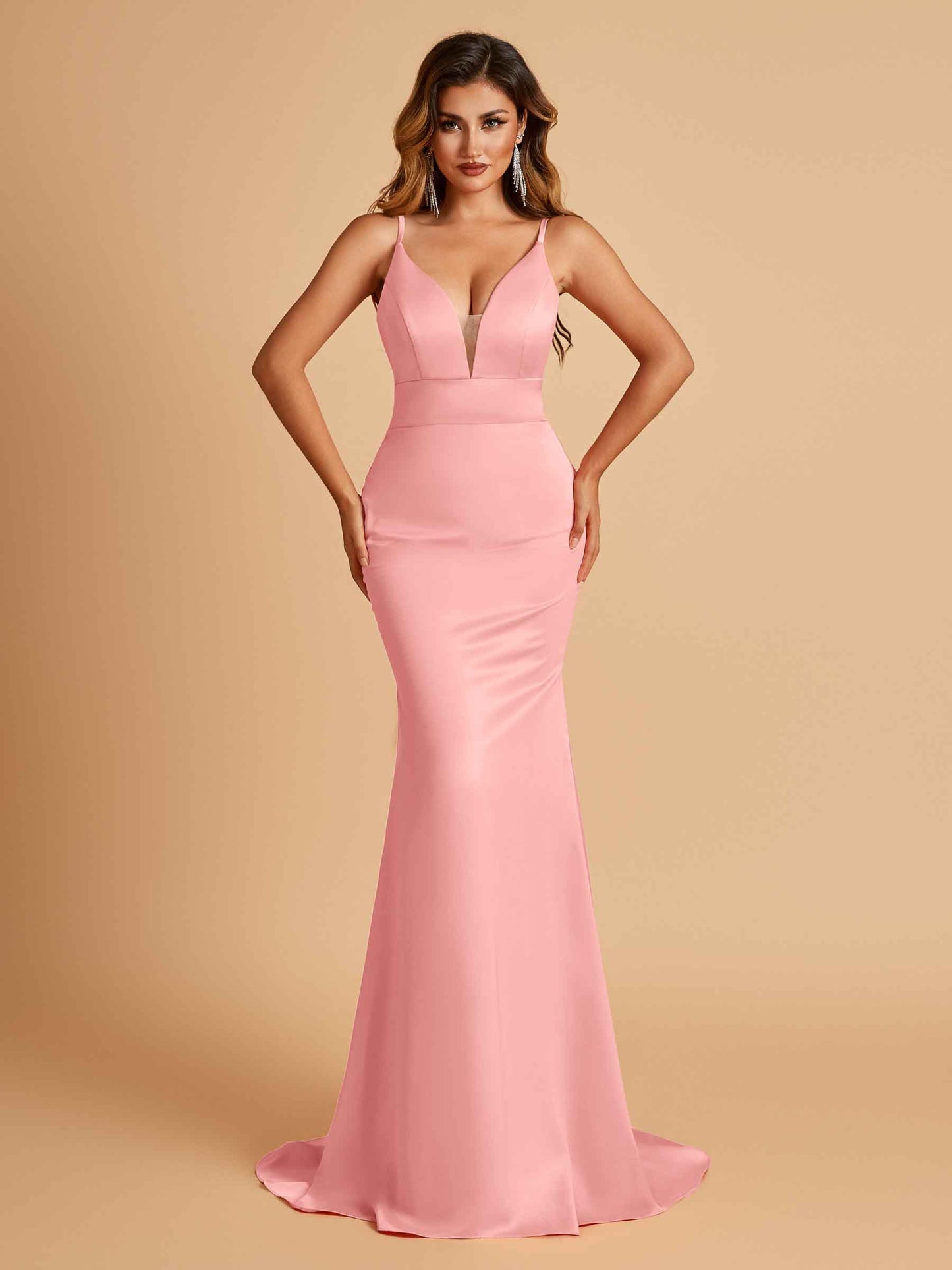 Satin Deep V-neck Mermaid Bridesmaid Dresses Open Back Floor Length