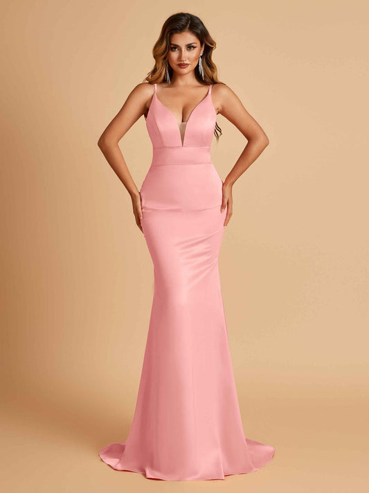 Satin Deep V-neck Mermaid Bridesmaid Dresses Open Back Floor Length