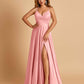 Satin A-line Long Prom Dresses Spaghetti Straps V-neck Side Slit Floor Length