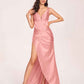 Satin Spaghetti Straps Corset Prom Dresses Pleats Side-Slit Sheath Floor Length