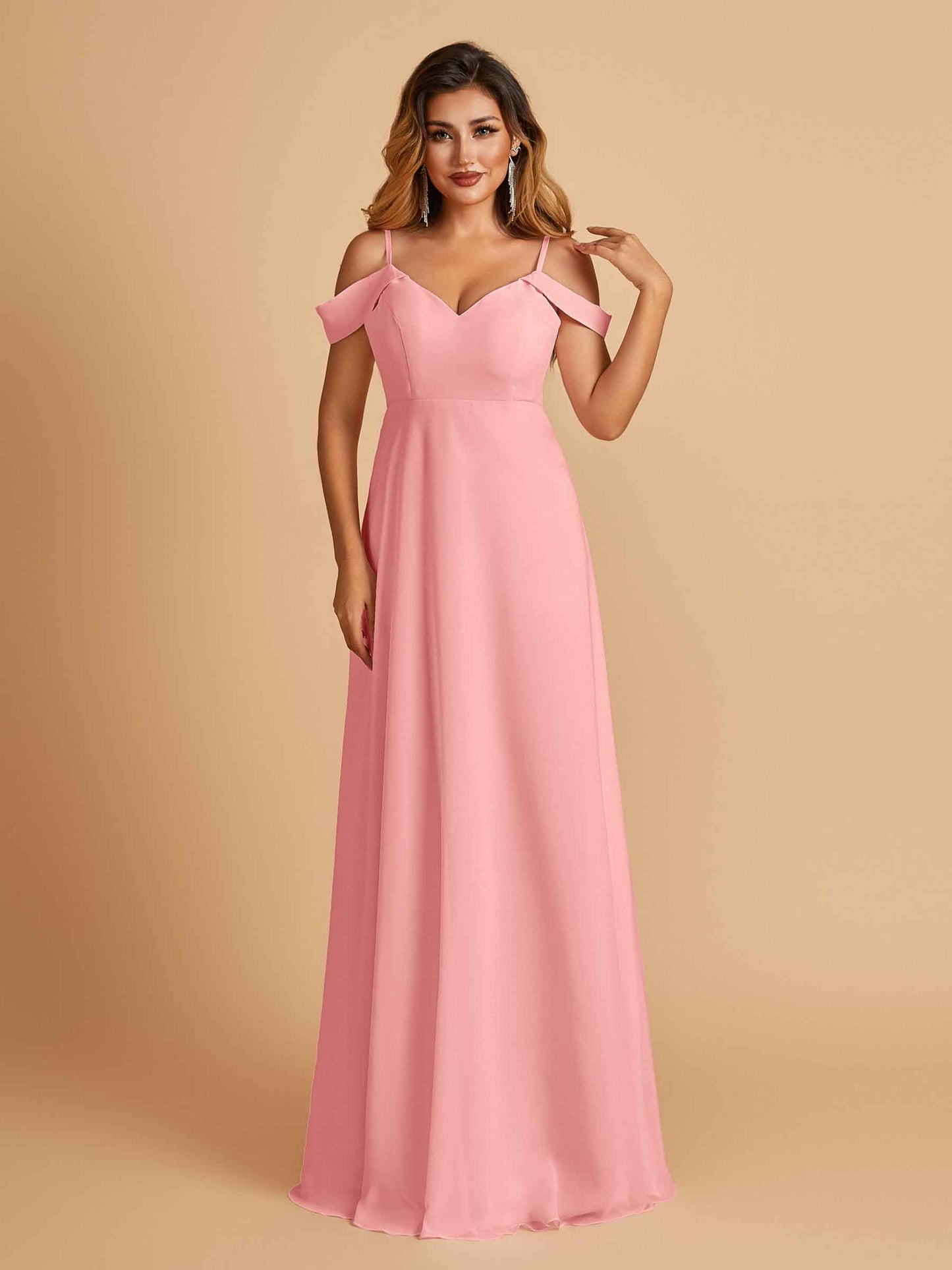 Chiffon Off-shoulder Long Bridesmaid Dresses V-neck Floor Length A-line