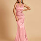 Sexy Satin Criss-cross Back Prom Dresses Mermaid Deep V-neck Back Pleats Floor Length