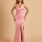 Sexy Satin Mermaid Long Prom Dresses Spaghetti Straps Sweetheart Side Slit Criss-cross Back