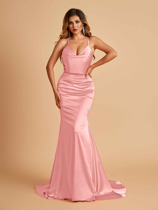 Sexy Satin Mermaid Bridesmaid Dresses Spaghetti Straps V-neck Pleats Floor Length