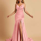 Sexy Satin Mermaid Open Back Prom Dresses Spaghetti Straps V-neck Side Slit