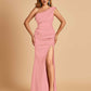 Satin One-shoulder Bridesmaid Dresses Mermaid Side Slit Sleeveless Floor Length