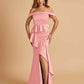 Satin Mermaid Off Shoulder Bridesmaid Dresses With Ruffles Side Slit Floor Length