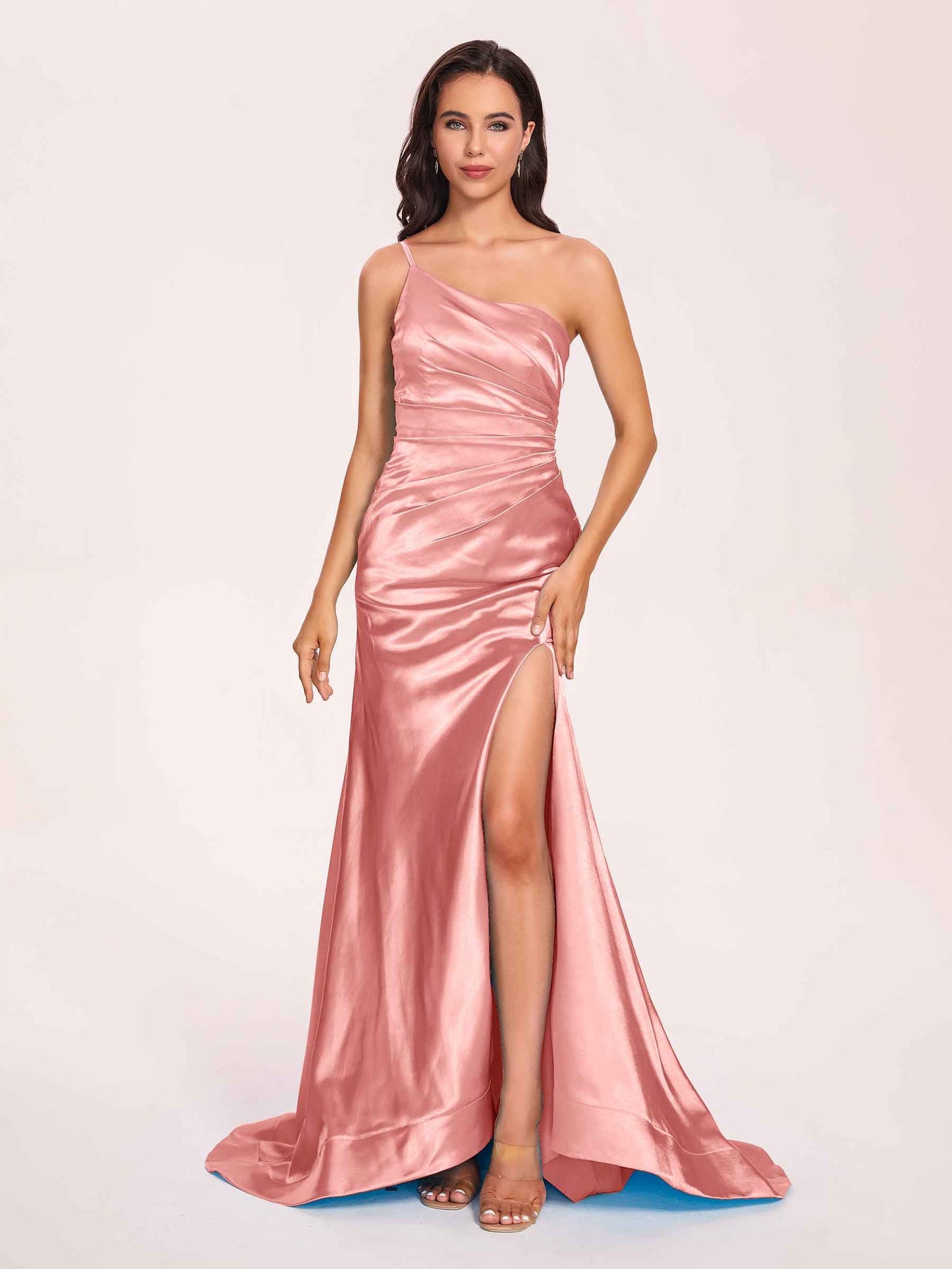 Satin One-shoulder Mermaid Prom Dresses Side Slit Pleats Floor Length