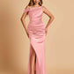 Unique Satin One Shoulder Prom Dresses Side Slit Half Open Back Floor Length