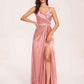 Sexy Satin A-line Prom Dresses Spaghetti Straps Side Slit V-neck Floor Length