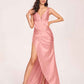 Satin Spaghetti Straps Corset Bridesmaid Dresses Pleats Side-Slit Sheath Floor Length