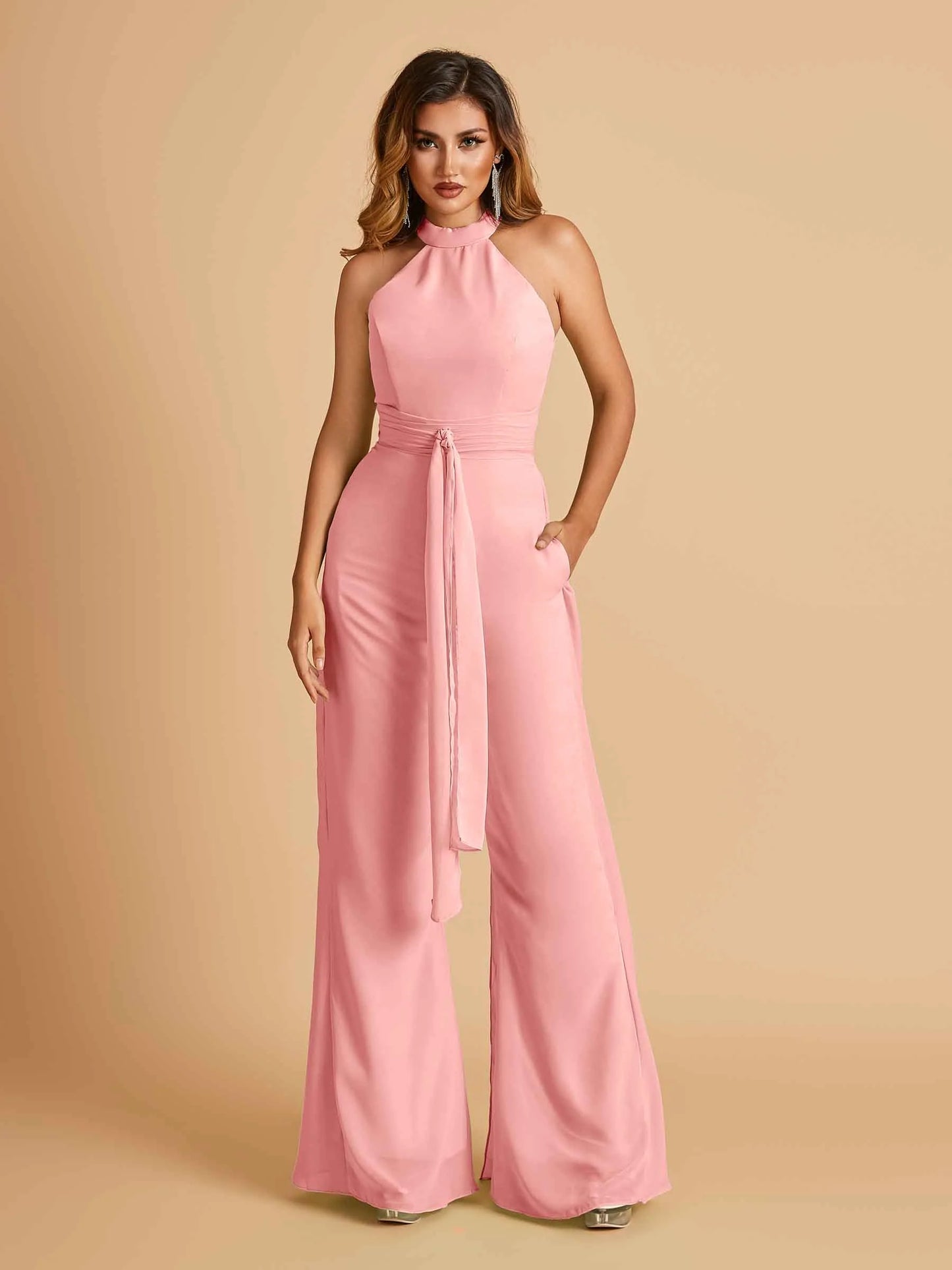 Chiffon Bridesmaid Jumpsuit Jewel Neck Sleeveless Floor Length With Pockets For Sale