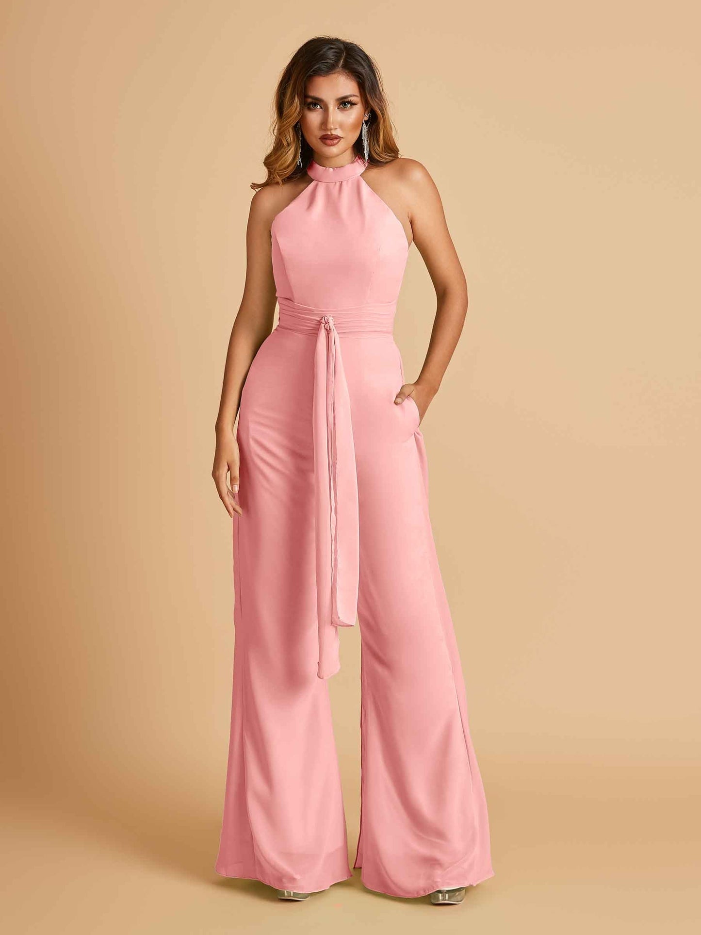 Chiffon Prom Jumpsuit Jewel Neck Sleeveless Floor Length With Pockets