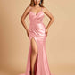 Satin Mermaid V-neck Prom Dresses Spaghetti Straps Side Slit Floor Length