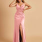 Sexy Satin Sheath Bridesmaid Dresses Spaghetti Straps V-neck Side Slit Pleats Floor Length For Sale