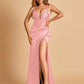 Sexy Sweetheart Sheath Prom Dresses Spaghetti Straps Satin Side Slit Pleats Floor Length
