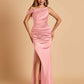 Unique Satin One Shoulder Bridesmaid Dresses Side Slit Half Open Back Floor Length