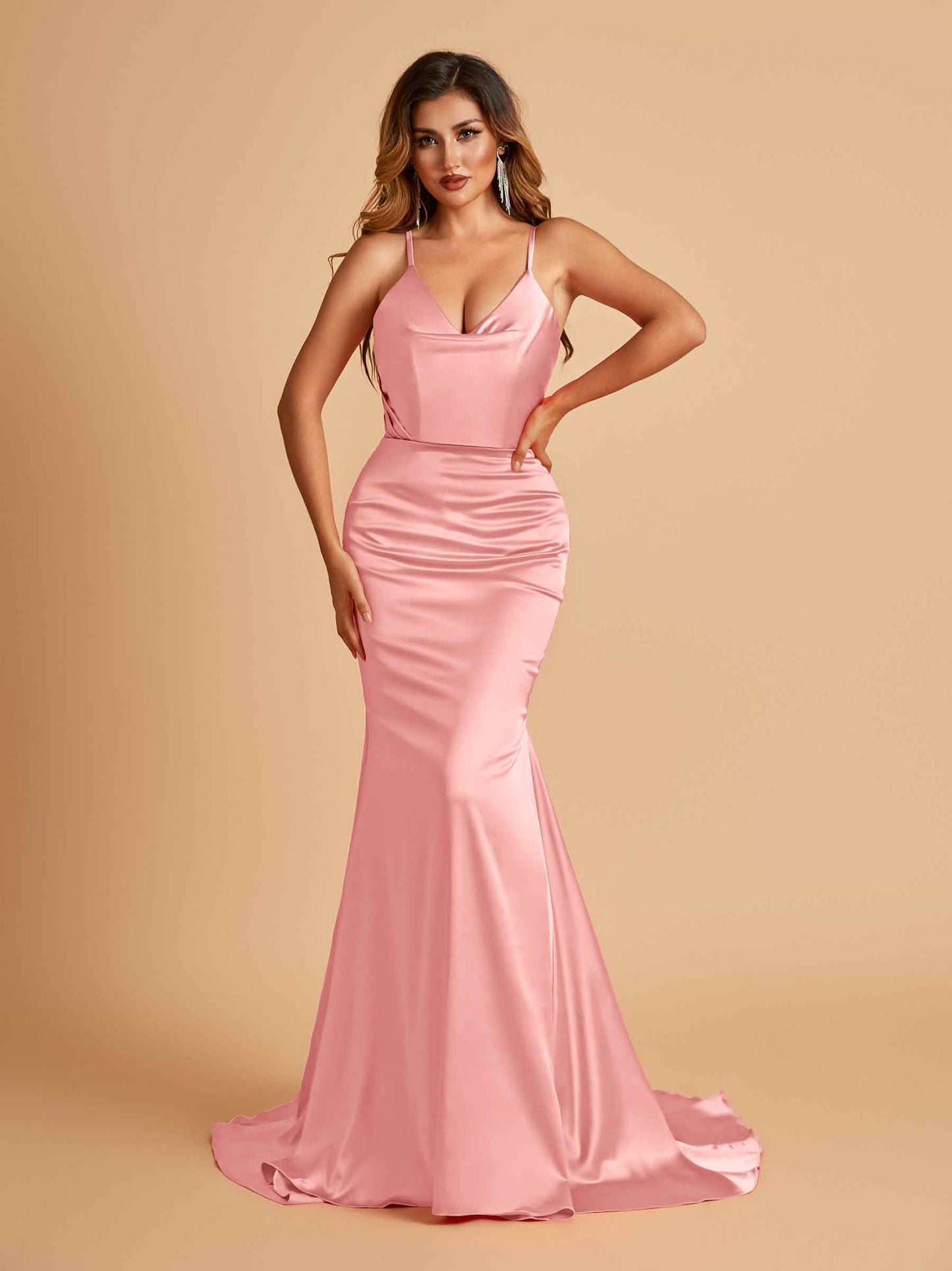 Sexy Satin Mermaid Prom Dresses Spaghetti Straps V-neck Pleats Floor Length