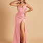Satin Spaghetti Straps Long Prom Dresses V-neck Side Slit Criss-cross Back Sheath