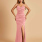 Sexy Satin Mermaid Bridesmaid Dresses Spaghetti Straps V-neck Side Slit Floor Length
