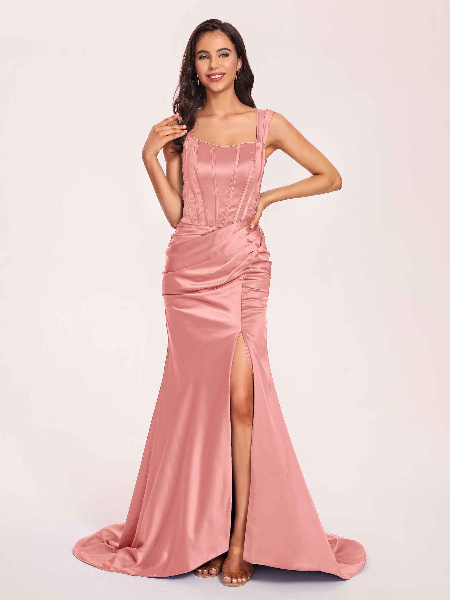 Sexy Satin Square Mermaid Bridesmaid Dresses Pleats Side-Slit Floor-Length Sleeveless