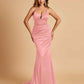 Satin Mermaid Open-back Prom Dresses Spaghetti Straps V-neck With Pleats Floor Length