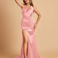 Sexy Satin Open Back Bridesmaid Dresses Mermaid V-neck Side Slit With Train