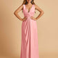 Sexy Satin Deep V-neck Long Bridesmaid Dresses A-line Pleats Sleeveless Floor Length