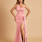 Satin One Shoulder Mermaid Bridesmaid Dresses Side Slit Floor Length
