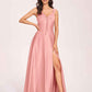 Satin V-neck A-line Prom Dresses Side slit Floor Length