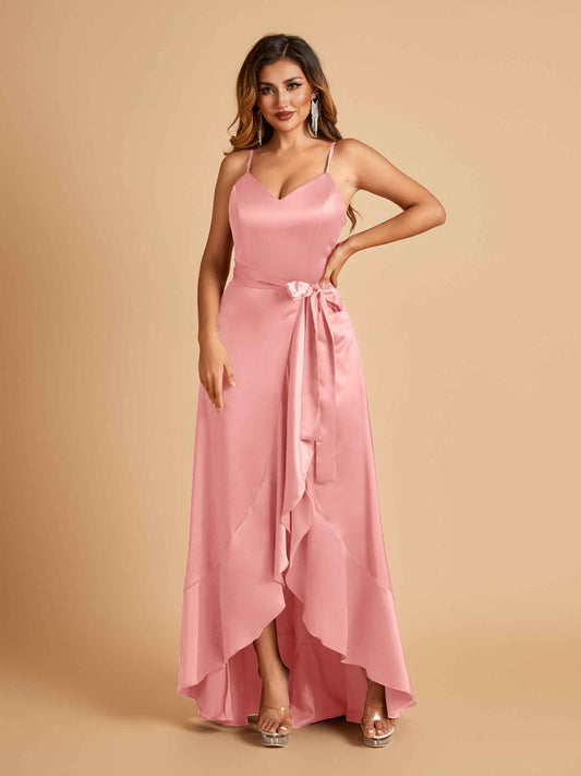 Satin Asymmetric V-neck Bridesmaid Dresses Sleeveless Side Slit A-line Unique