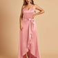 Satin Asymmetric V-neck Bridesmaid Dresses Sleeveless Side Slit A-line Unique For Sale