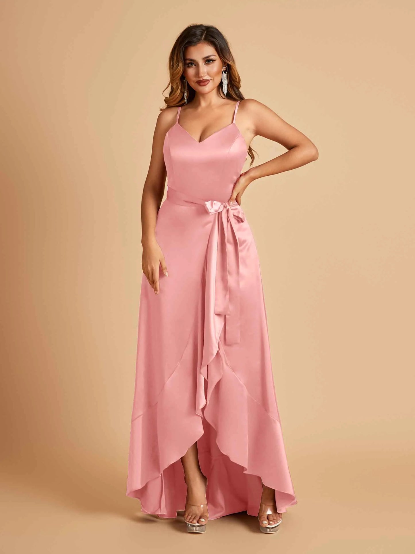 Satin Asymmetric V-neck Bridesmaid Dresses Sleeveless Side Slit A-line Unique For Sale